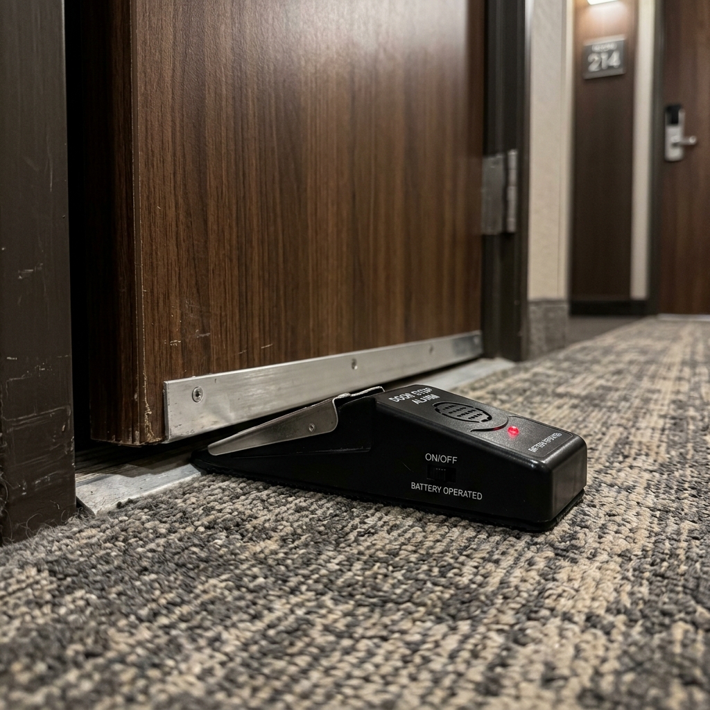 Black wedge door stop alarm placed on a hotel room floor