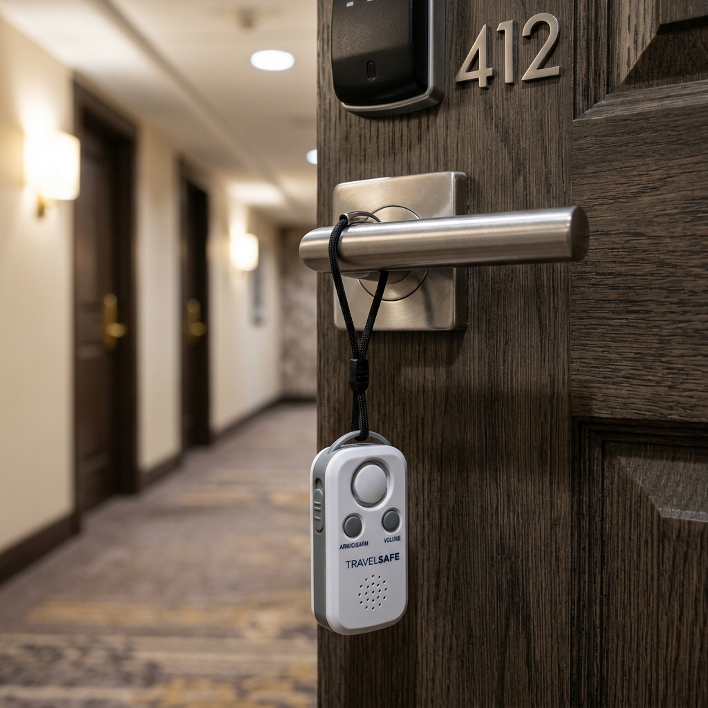 Compact travel door alarm hanging from a modern hotel door handle